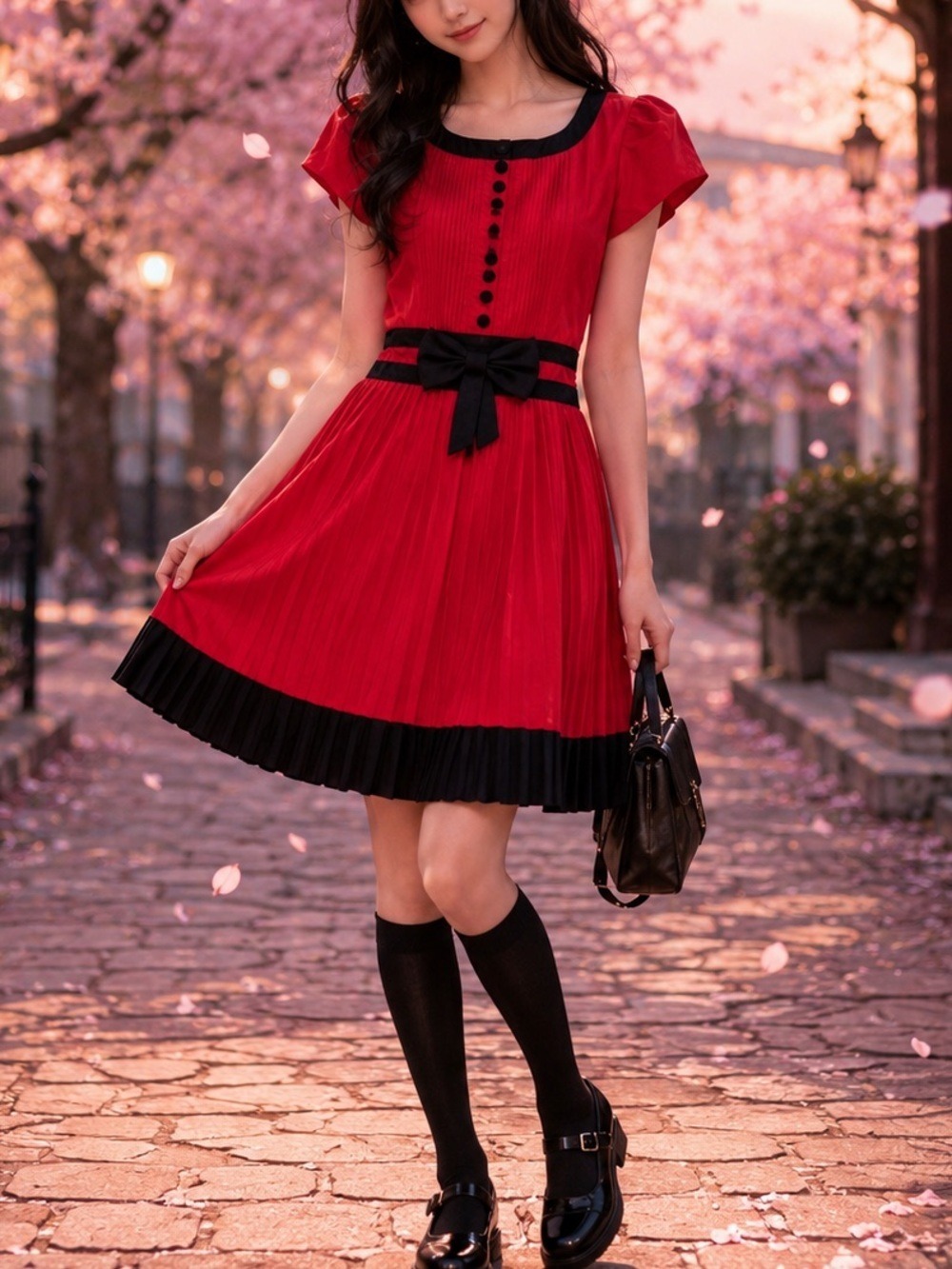 Y2K Anime Pleated Bow Dress XS Red Navy Dark Academia Coquette Feminine Short